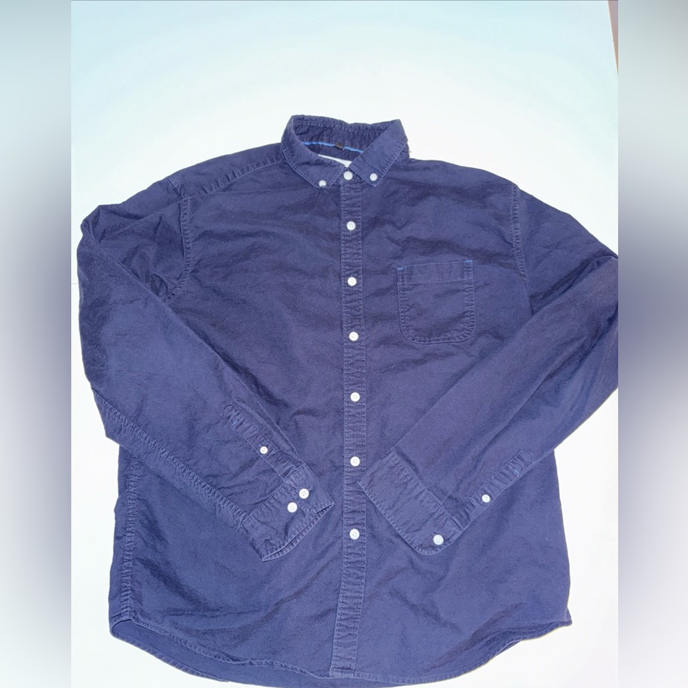 Customized Version Mens Blue Long Sleeve Button Up Solid Pocket Shirt Large